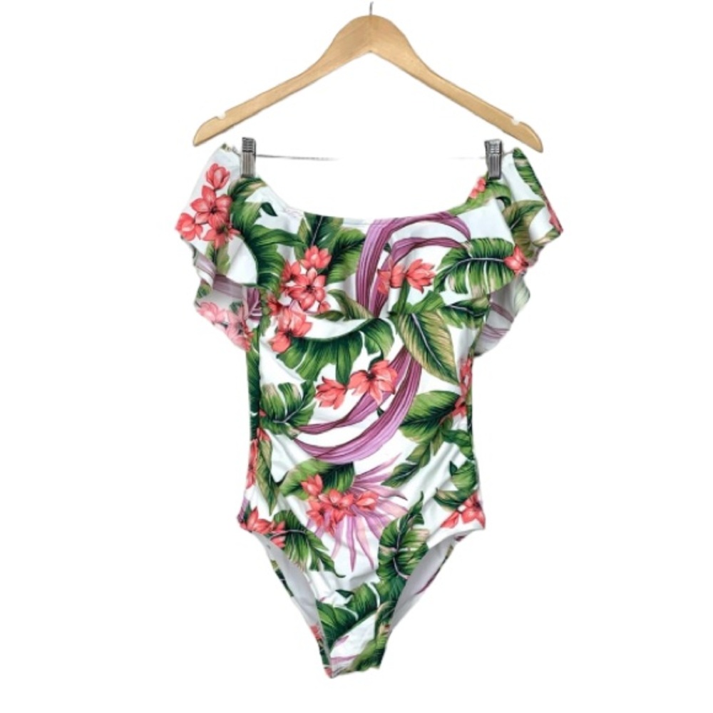 Kona Sol Ruffle Off The Shoulder Tropical High Coverage One Piece Swimsuit